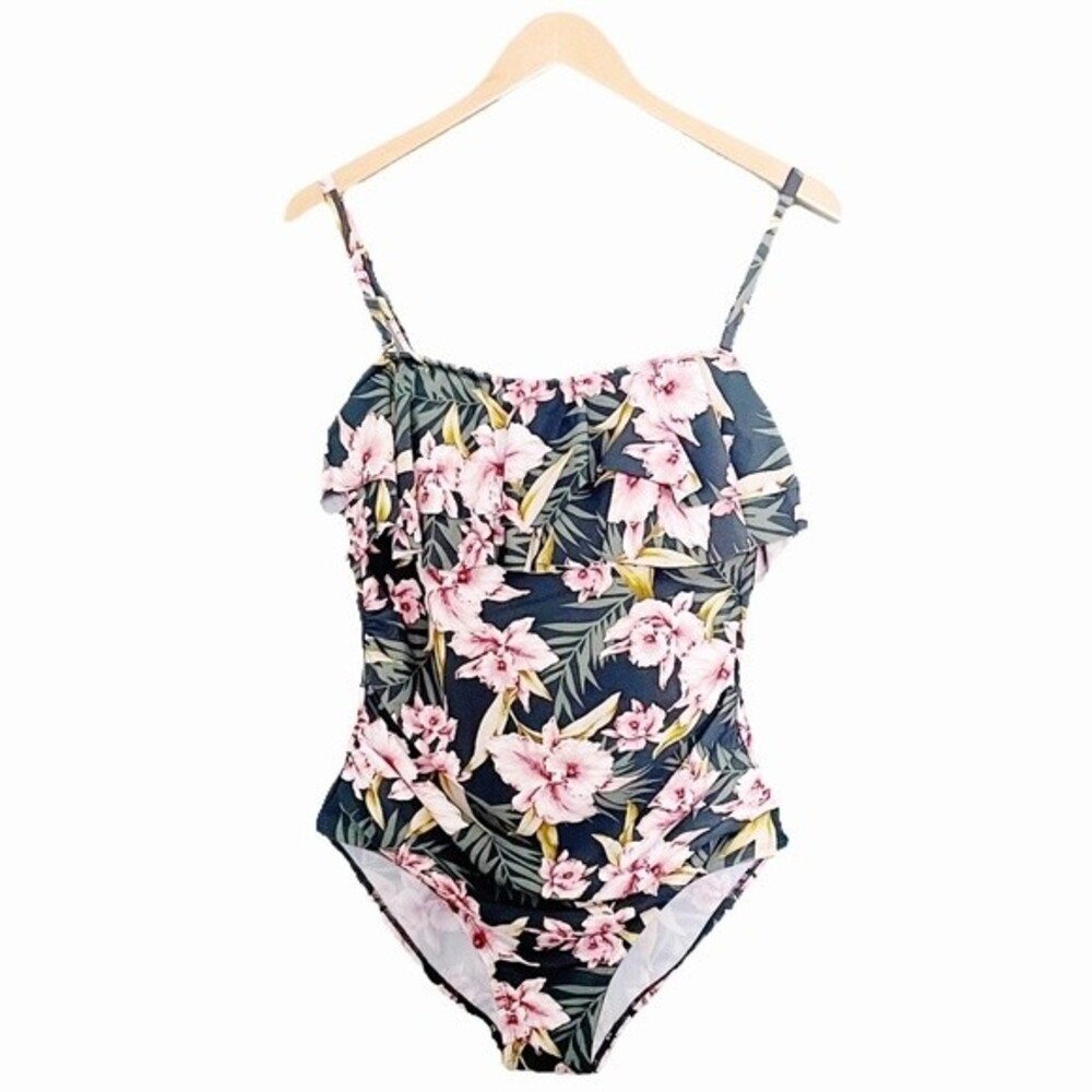Kona Sol One Piece Ruffled Bathing Suit Tropical Print Swim Women’s Size Large